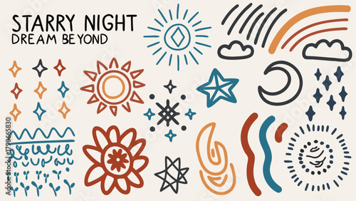 A hand-drawn celestial-themed doodle featuring suns, moons, constellations, clouds, and astrology symbols.