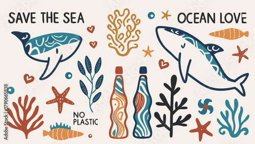 A hand-drawn ocean protection theme featuring whales, coral, sea turtles, and bottles