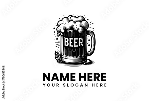Vintage Beer Mug Vector Logo for Brewery Branding - A Classic Black and White Illustration of a Frothy Drink in a Traditional Stein, Perfect for Pubs and Bars
