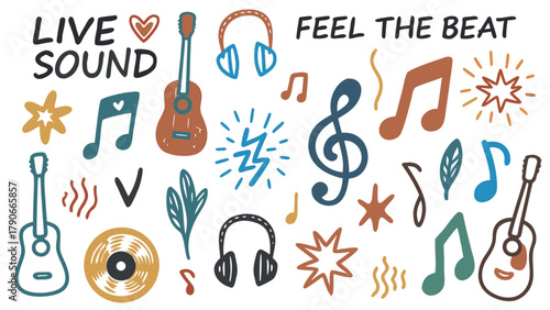 A lively doodle composition with guitars, microphones, headphones, records, musical notes.