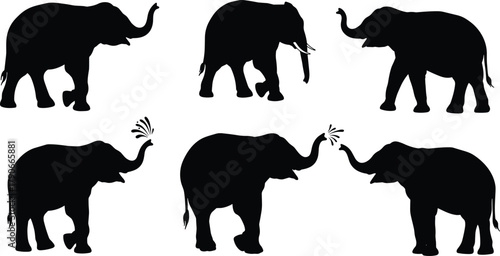Elephant silhouettes with raised trunks and water splash, vector illustration of wildlife animals, safari nature design
