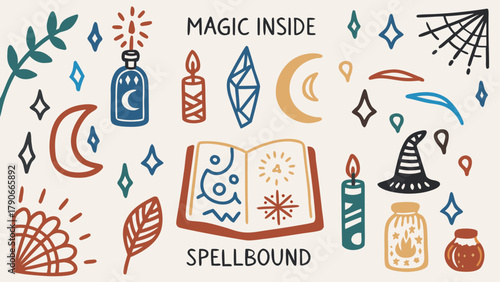 A mystical hand-drawn doodle collection featuring potion bottles, spell books, moons, crystals, candles, and witch hats.