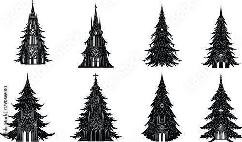 Gothic church silhouettes, conifer trees, black vector icons, architecture and nature contrast, symmetrical design, spiritual buildings, forest elements, artistic composition