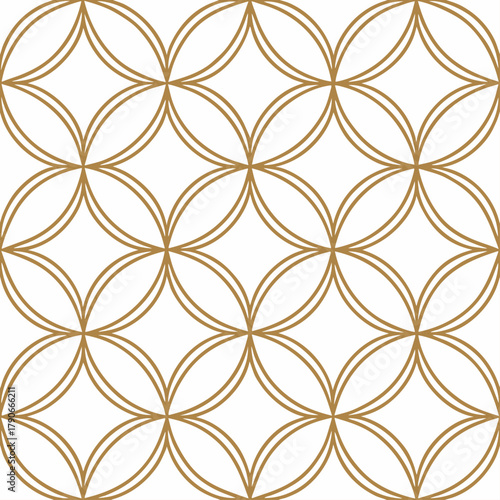 A seamless pattern with elegant gold and white abstract ornament in oriental style. Repeated modern geo design. 