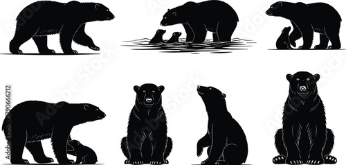 Polar bear silhouettes with cubs isolated on white background, vector illustration of arctic wildlife family design elements