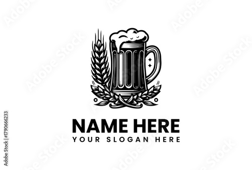 Vintage black and white craft beer mug with wheat stalks, a classic brewery or pub emblem vector logo template 6