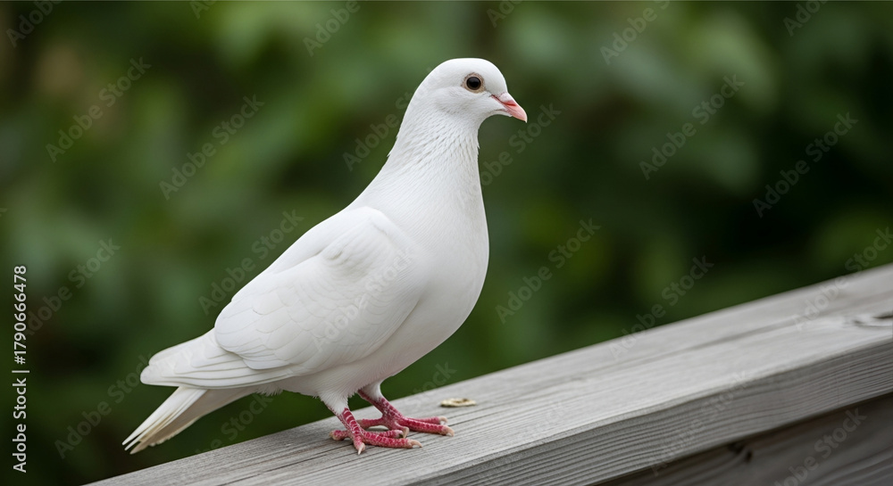 Fototapeta premium White dove perched on a wooden railing clean and elegant symbol of peace and freedom