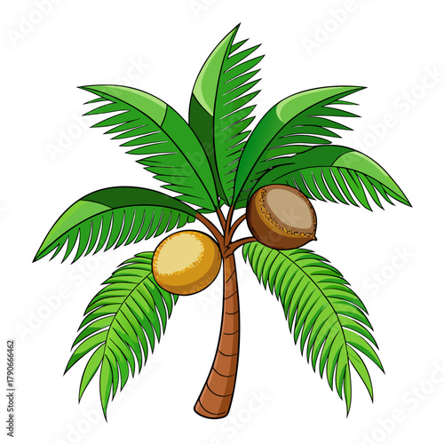 A vintage botanical illustration of a coconut palm frond with bright green leaves and brown coconuts.