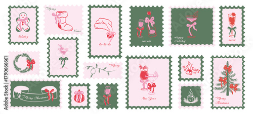 Beautiful set hand drawn Christmas stamps. Christmas tree, bows, glasses of champagne. Xmas celebration stickers and postmark. Vector.