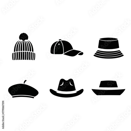 Collection of Hat Silhouettes - Beanie, Baseball Cap, Bucket Hat, Beret, Fedora, Sun Hat.