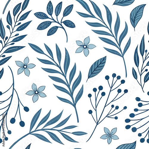 Ethnic blue seamless patterns with plant motifs. Modern abstract design for paper, covers, fabric, interior decor, and other applications.