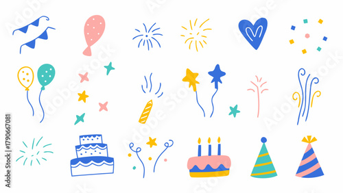 Flat colorful vector doodle icons of balloons, confetti, cakes, candles, fireworks, party hats. Vector set.