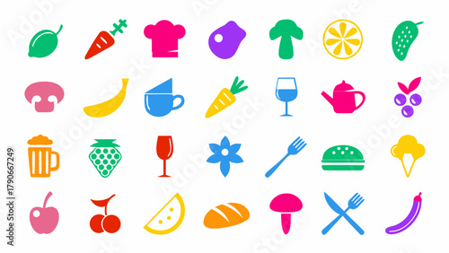 “Flat vector illustration of colorful food and beverage doodle elements. Includes burgers, pizza slices, coffee cups, donuts, fruits, ice cream, and utensils.
