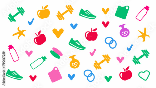 Flat vector illustration of colorful health and fitness doodle elements. Features dumbbells, yoga mats, water bottles, sneakers, apples, and heartbeat lines.