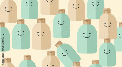 Whimsical pattern of smiling shampoo/lotion bottles. Alternating light beige and pastel green with brown caps on a light yellow background