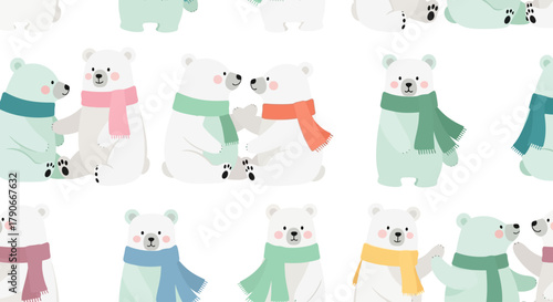 Playful patterned art features whimsical polar bears with pastel scarves, set against a pristine white backdrop