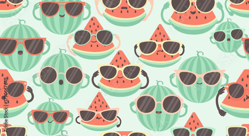 A repeating pattern shows smiling watermelons, whole and sliced, with sunglasses, arranged against a light green background