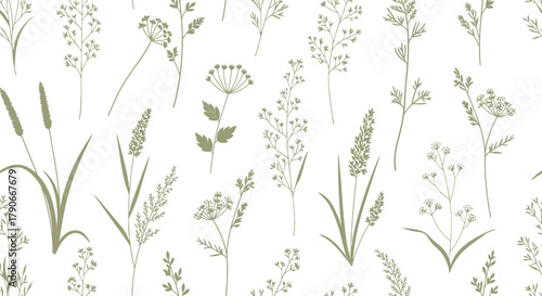 A delicate pattern of various wildflowers and grasses in muted green and beige hues scattered on a white background