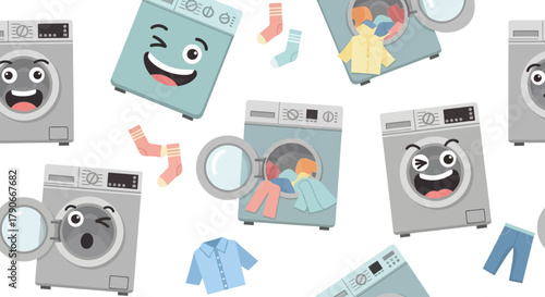 Whimsical cartoon pattern featuring washing machines with animated faces, scattered clothes, and socks against a white backdrop