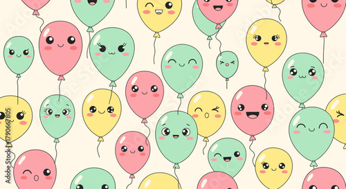 Pastel-colored, smiling balloons with various expressions float against a cream background, creating a cheerful pattern