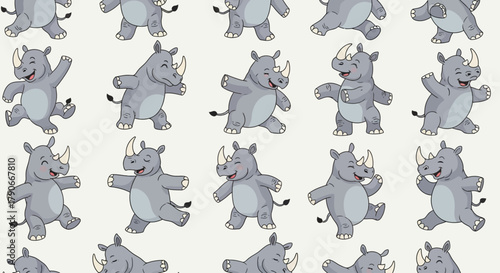 A playful repeating pattern of cartoon rhinoceroses in various dancing and joyful poses. Light background