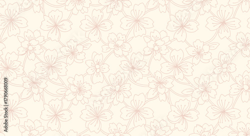 A delicate floral pattern of stylized cherry blossoms in peach hues against a creamy background