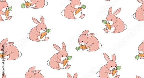 A repeating pattern on white, showing pink bunnies seated and eating carrots. Simple, cartoon-like design