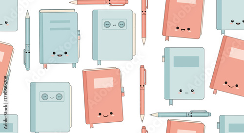 A repeating pattern featuring smiling journal/notebooks with cute faces and pens in pastel blue and pink