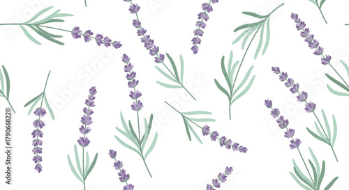 A seamless pattern of stylized lavender sprigs and leaves scattered on a crisp white background