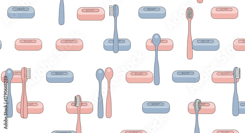 Seamless pattern with illustrated soap and toothbrush icons in varying orientations and colors on a white background
