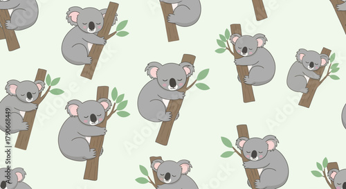 Whimsical pattern of cartoon koalas nestled in tree branches, repeating against a soft green background