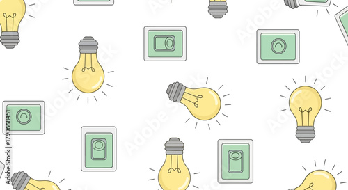 A repeating pattern on white, showing light bulbs radiating light and light switches in a simple, pastel-colored, illustrative style