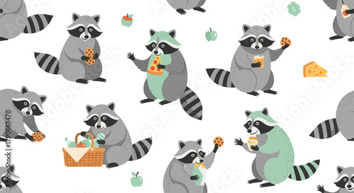Whimsical pattern featuring animated raccoons. Some hold pizza, cheese, cookies, and other picnic foods amidst apples