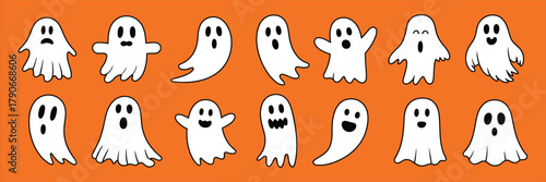 cartoon ghost characters with mixed emotions on orange background