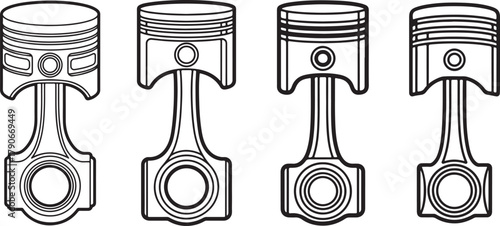 Set of Engine Piston Line Art, Coloring Book Page Line Art Drawing, Vector and Illustration
