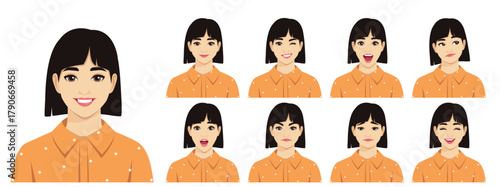 Set of young businesswoman characters with short hairstyle. Different facial expressions set. Isolated vector illustration