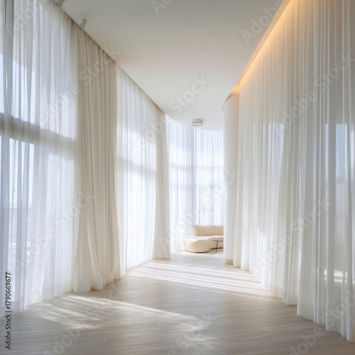 Bright interior design featuring white sheer curtains in a modern luxury apartment showcasing natural light and minimalist aesthetic from floor level