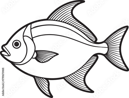 Pomfret Fish Line Art, Coloring Book Page Line Art Drawing, Vector and Illustration