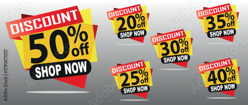 Discount Tags Vector Set, Popup Shop Now Sale, 50, 20, 35, 30, 25, 40 Off, Red Yellow EPS Element