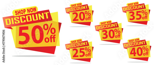 Discount Tags Vector Set, Popup Shop Now Sale, 50, 20, 35, 30, 25, 40 Off, Red Yellow EPS Element