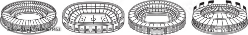 Set of Stadium Line Art, Coloring Book Page Line Art Drawing, Vector and Illustration