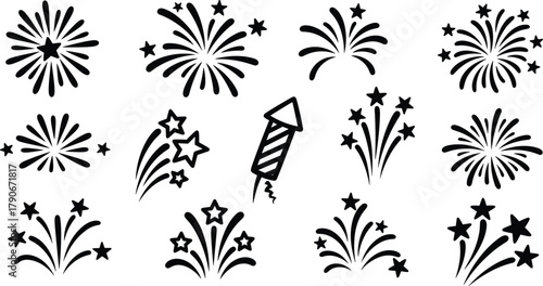 Fireworks silhouette vector, black burst icons, festive celebration symbols, holiday spark shapes, firework rocket clipart, New Year design elements