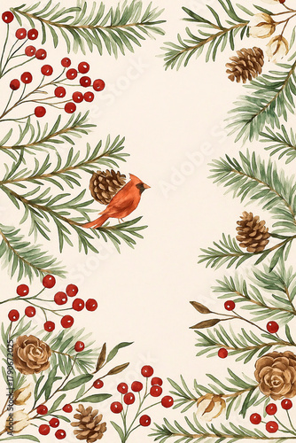 Watercolor illustration of evergreen branches with pine cones, red berries and cardinal bird forming decorative frame on white background. Hand painted winter botanical border. 
