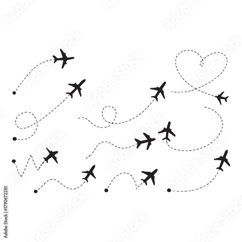 Aircraft clip art icons with way path tracks. Airplanes minimal vector illustration