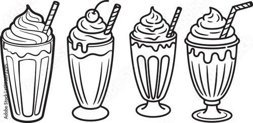 Set of Milkshake with Whipped Cream and Straw Line Art, Coloring Book Page Line Art Drawing, Vector and Illustration