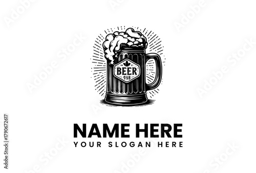 Vintage Beer Mug Vector Logo for Pub or Bar with Foam Overflowing