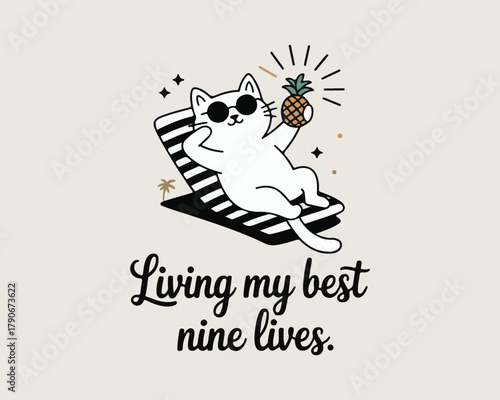 Relaxed cartoon cat enjoying summer vacation on a beach chair with pineapple.