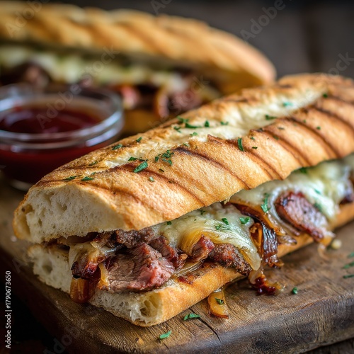 Delicious steak sandwich with melted cheese and caramelized onions on rustic wooden board close up food photography