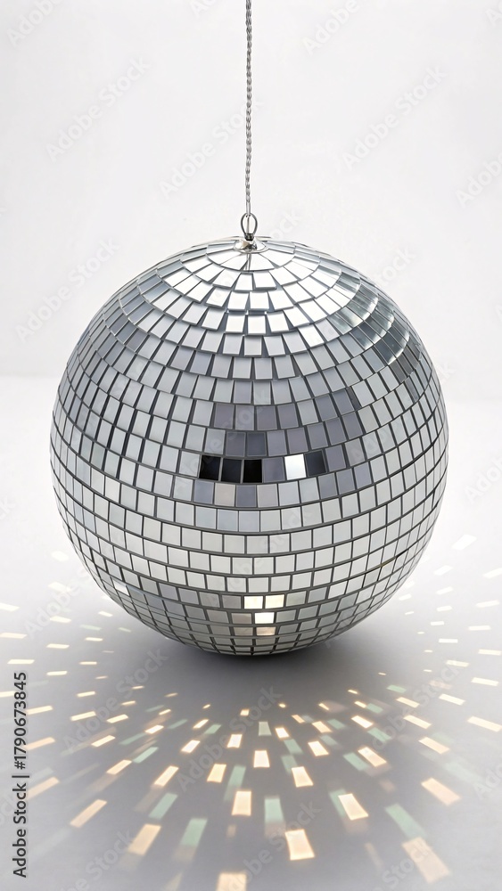 Fototapeta premium Silver Disco Ball Shining Light Reflections On White Background New Year Party Celebration