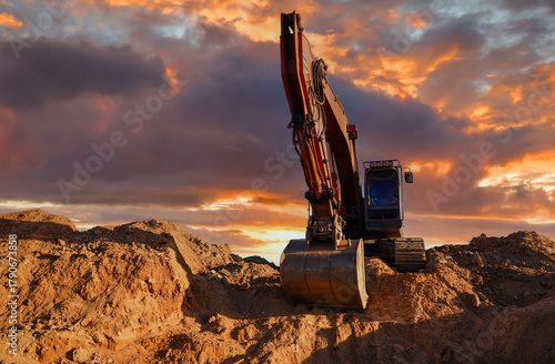 Excavator in open-pit mining. Heavy Machinery on construction site on sunset sky. Excavator on mining ore. Earthmover earthmoving in sandpit. Heavy Earth Moving Equipment. Trenching and utility.